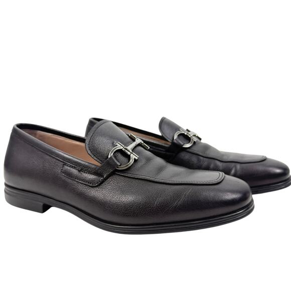 Salvatore Ferragamo Scarlet Gancini Double Bit Loafers Black Leather Size 9.5